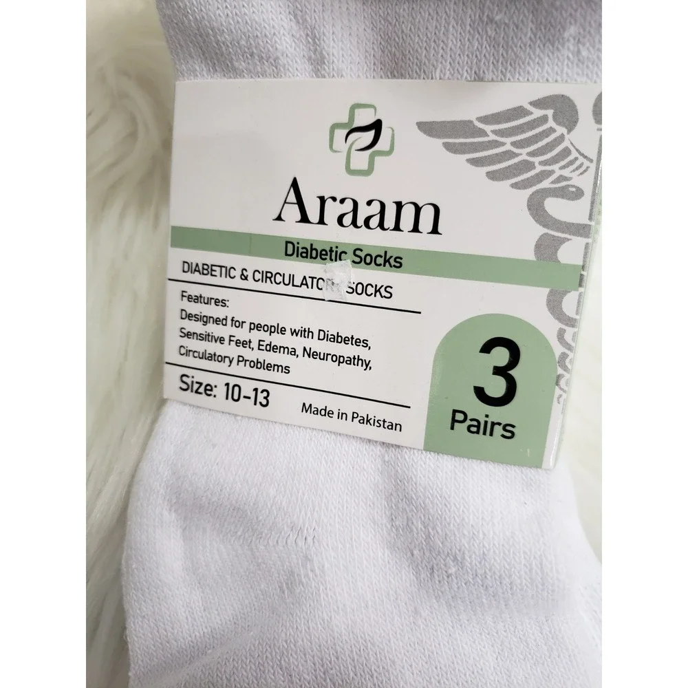 NEW Araam 3-Pair Diabetic & Circulatory Ankle Socks White size 10 - 13